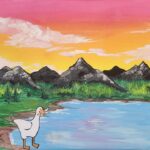 Duck by lake with mountain sunset painting.