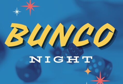 Bunco night promo for Blue Goose Tavern in Port Orchard with dice and stars.