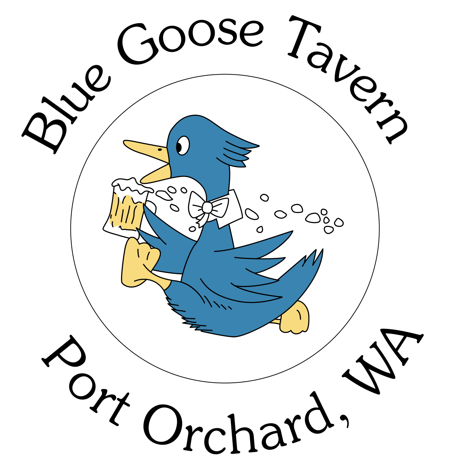 Blue Goose Tavern logo Cartoon bird running with beer in tuxedo.