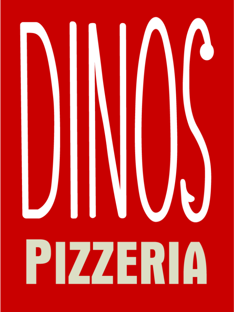 Dinos Pizzeria logo in red and white