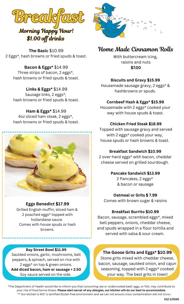 Breakfast menu with prices and Eggs Benedict photo