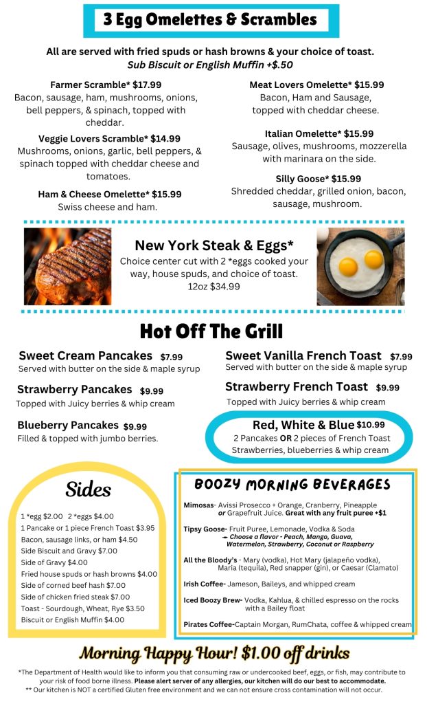 Breakfast menu with omelets, pancakes, and drinks