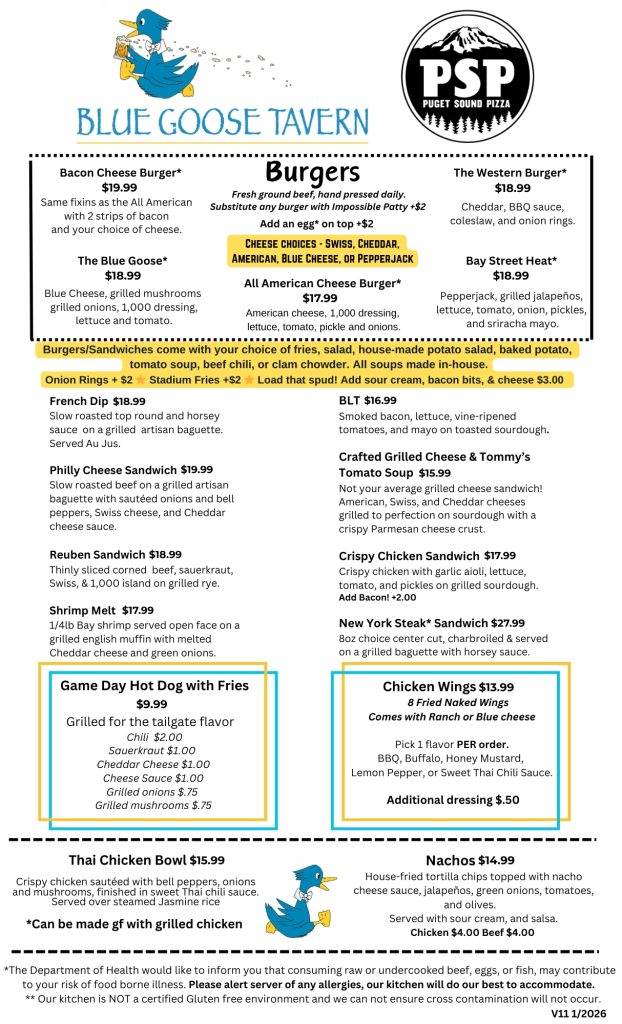 Blue Goose Tavern burger and sandwich menu
