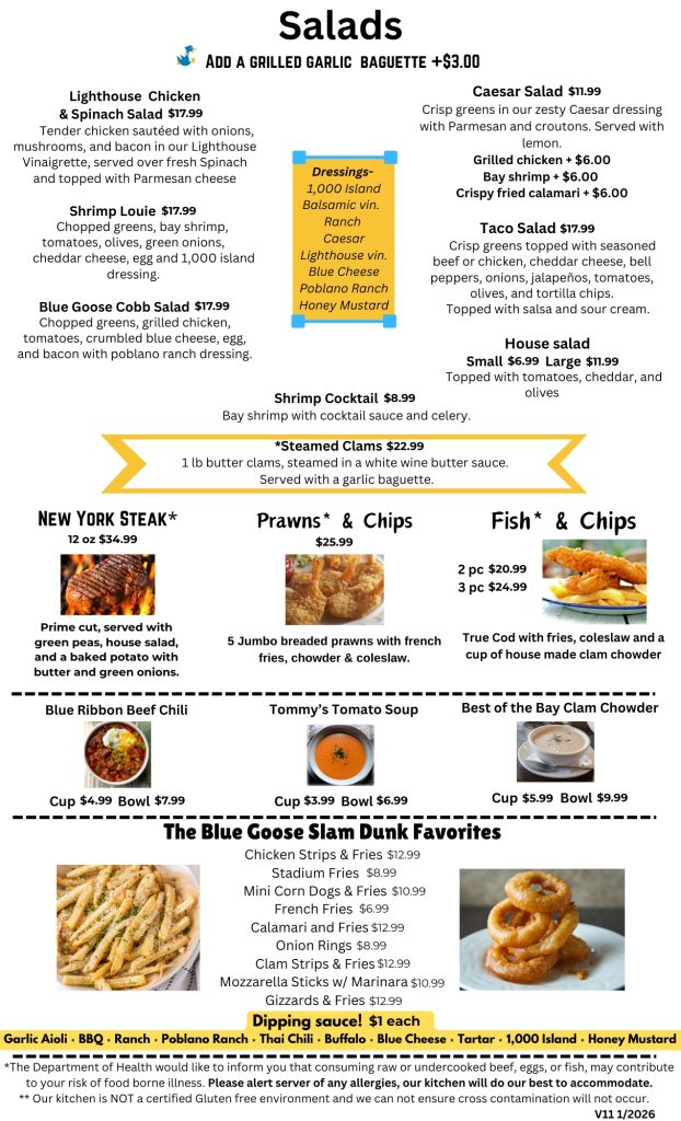 Restaurant menu featuring salads, seafood, and sides